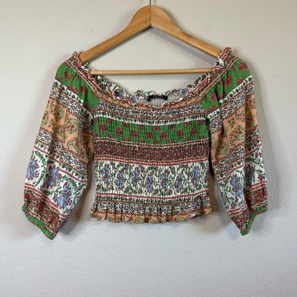 Zara Linen Floral Print Vintage Balloon Sleeve Peasant Blouse Cropped Top Sz SM - Picture 2 of 8